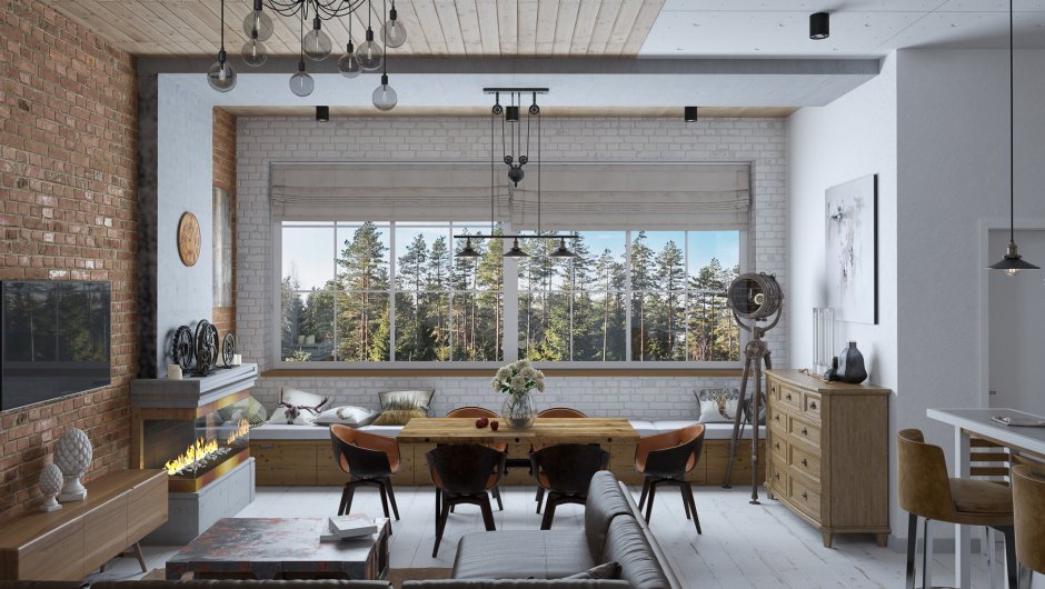 Жалюзи на кухню на большое окно в стиле лофт