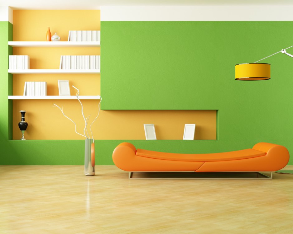 Комната с зелено-оранжевыми обоями фото в интерьере карандашом