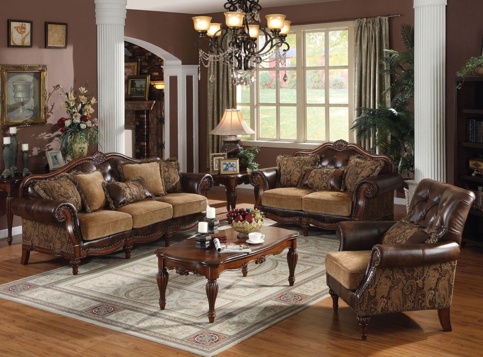 Гостиная в классическом стиле коричневая мебель