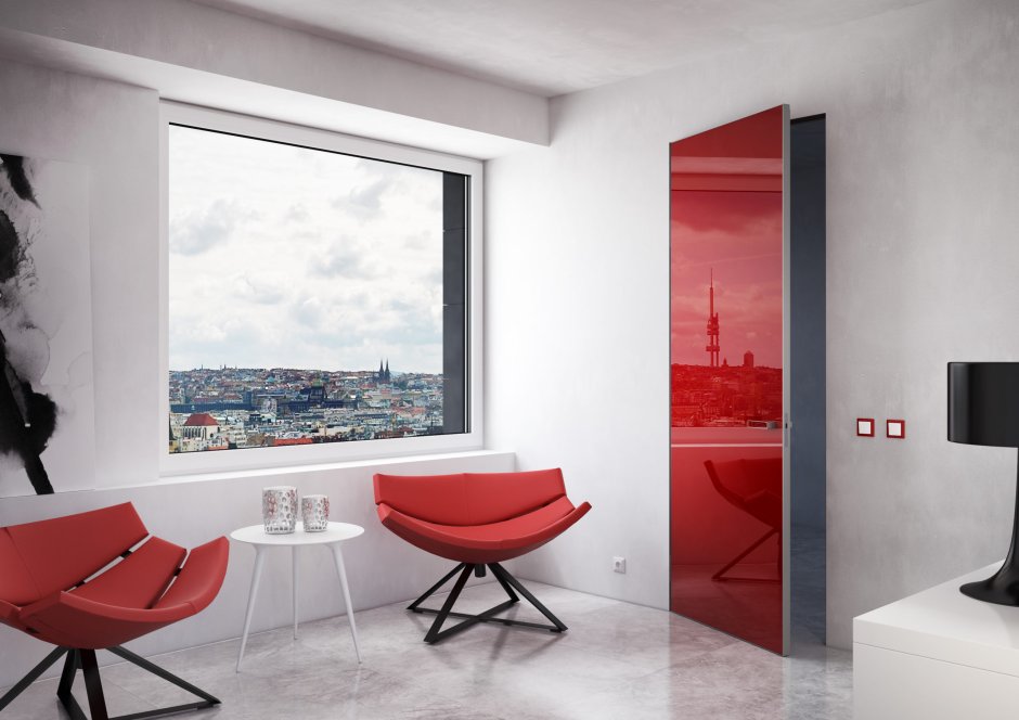 Современные двери на Красном фоне в интерьере