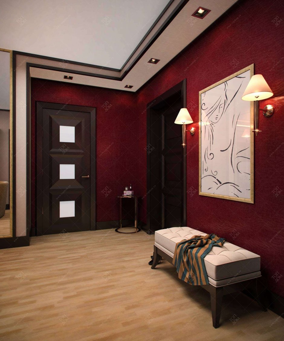 Современные двери на Красном фоне в интерьере