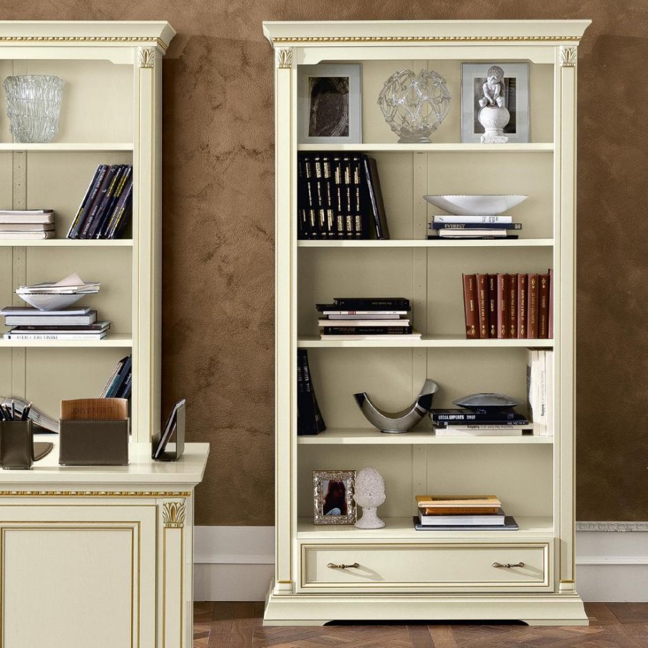 Treviso ornate Ivory Ash Wood Bookshelf with Drawer
