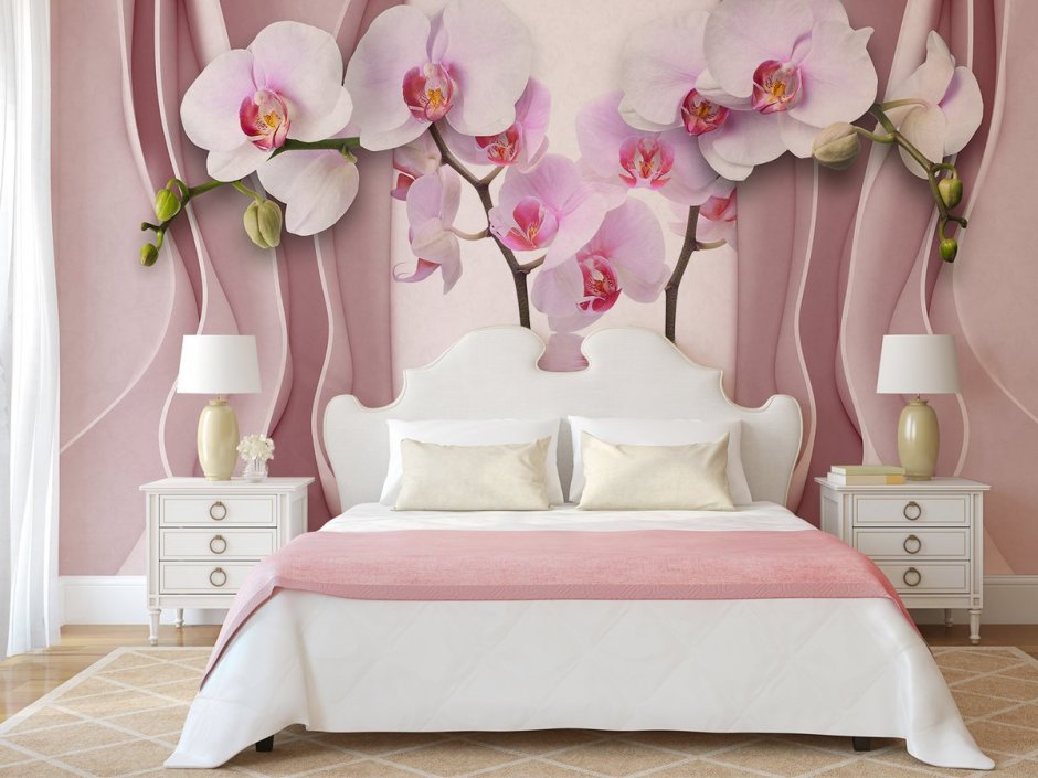 Спальня в розовых тонах с фотообоями