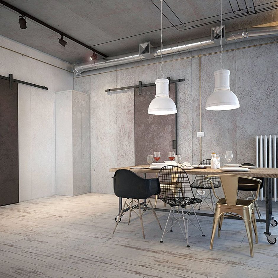 Светлые интерьеры квартир в современном стиле с бетонными потолками