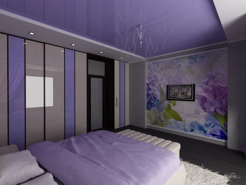 Комната с фиолетовыми шторами белым шкафом
