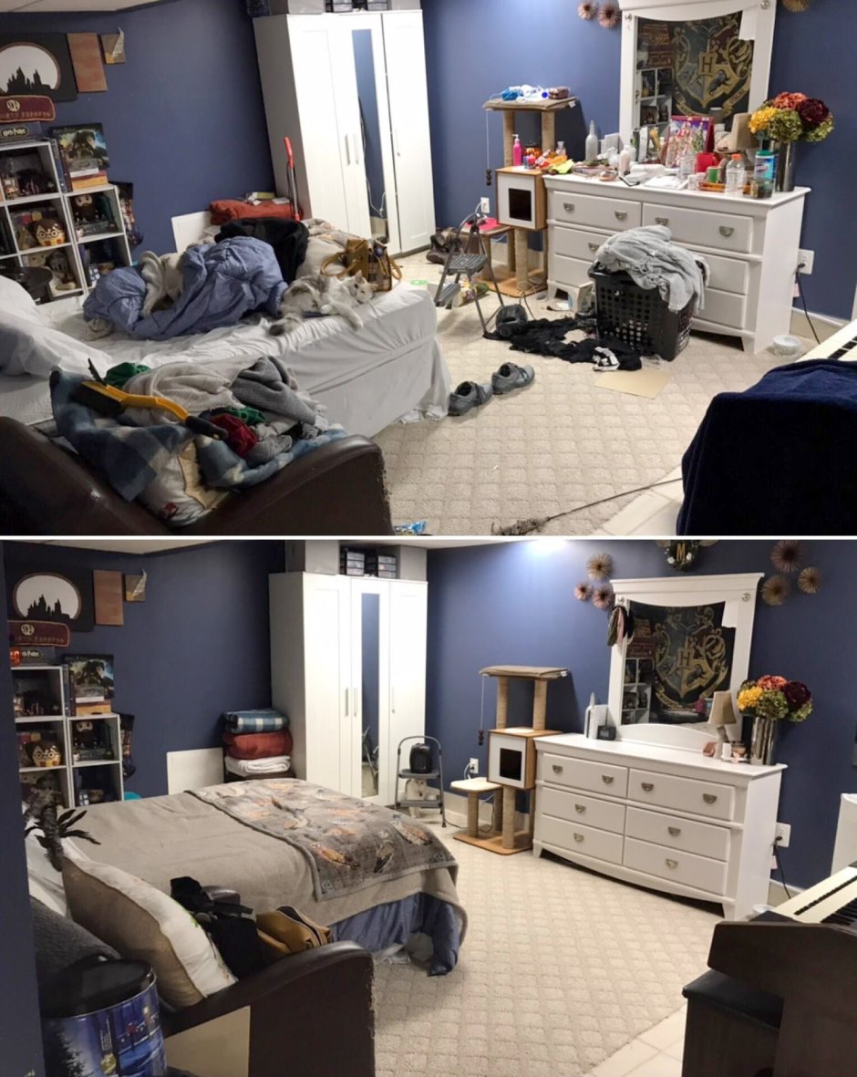 Комната до и после уборки
