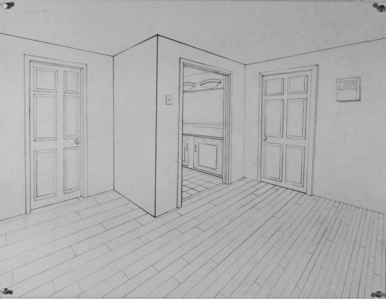 Интерьер комнаты в перспективе с дверью
