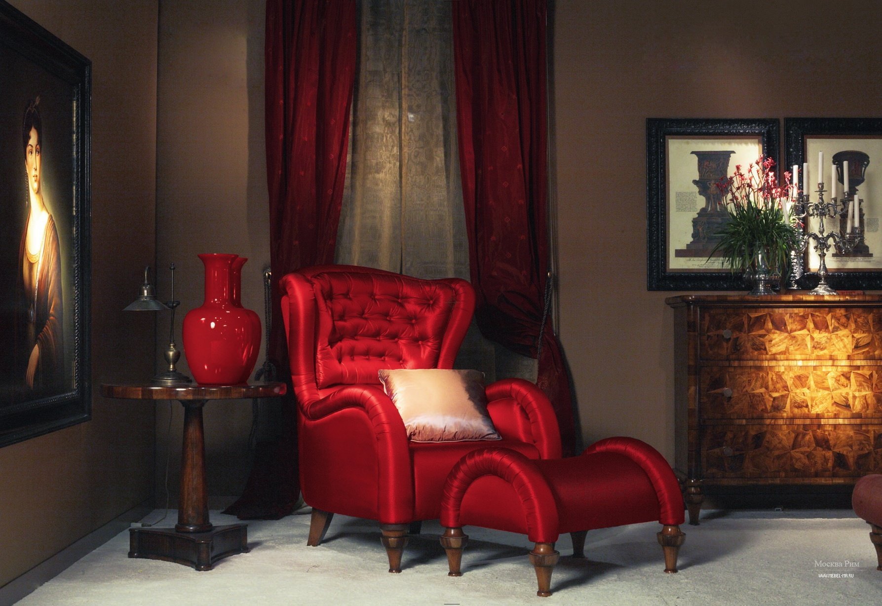 Алы мебель. Annibale Colombo мебель. Кресло с банкеткой Bergere restauration 161. Красное кресло в интерьере. Красная мебель в интерьере.