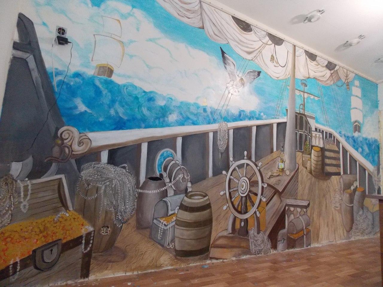 Детская палуба. Роспись стен в морском стиле. Роспись стен корабль. Роспись стен пираты. Роспись стен море.