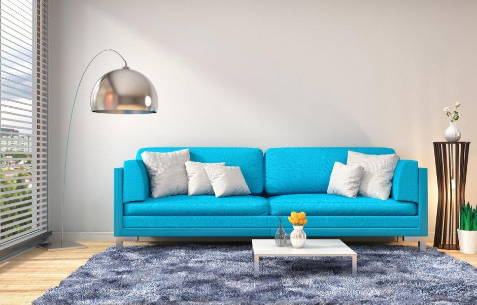 Ярко голубой диван в интерьере