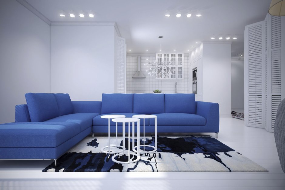 Нестандартное оформление стен под синий диван