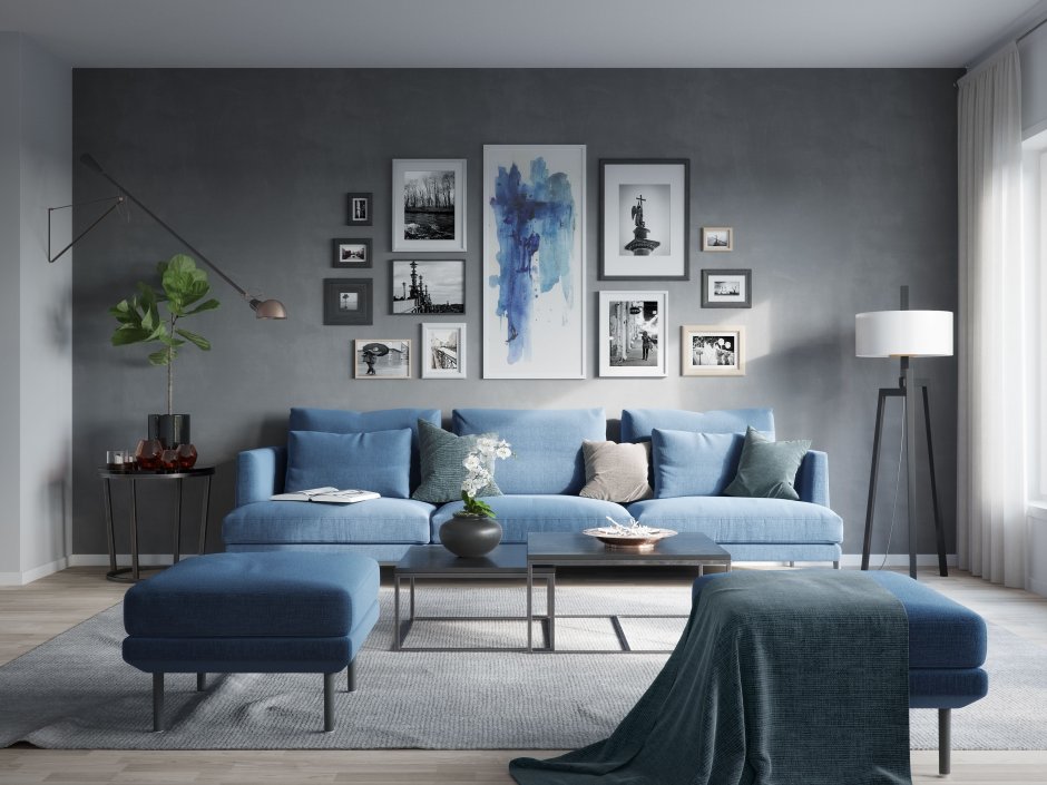 Стенка в гостиную с синим диваном