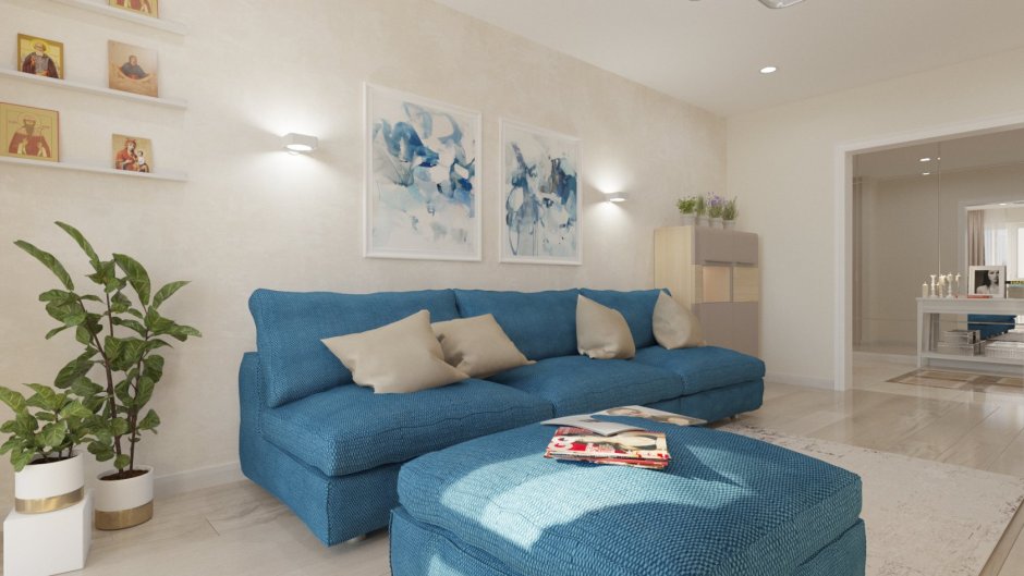 Гостиная в светлых тонах с синим диваном