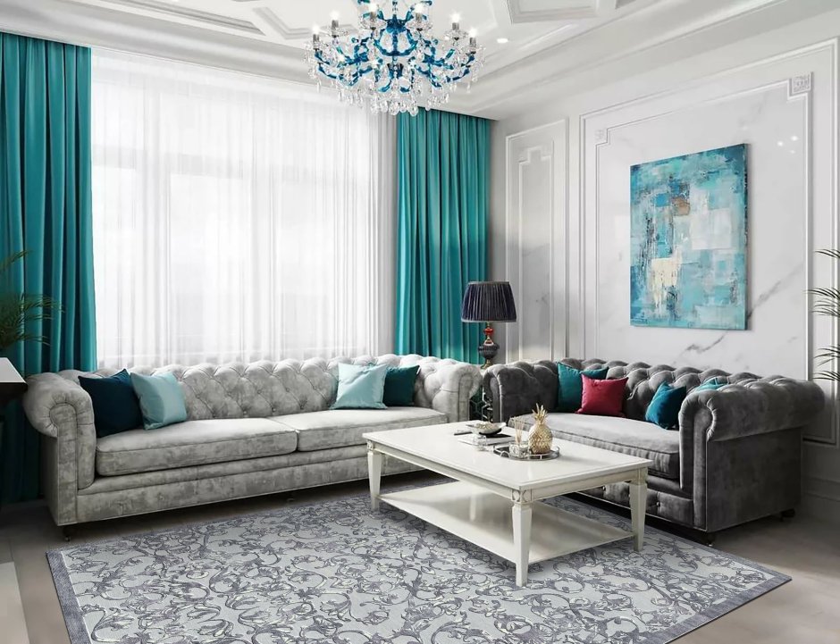 Серый диван в белом интерьере с ярким декором