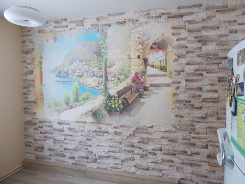Фреска на кухню с декоративным камнем