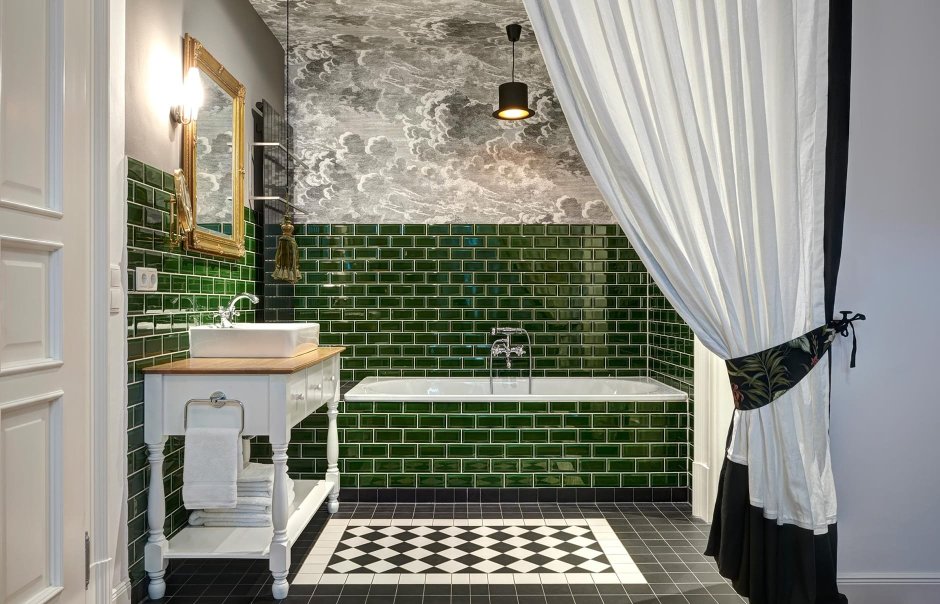 Плитка кабанчик зеленая в ванной