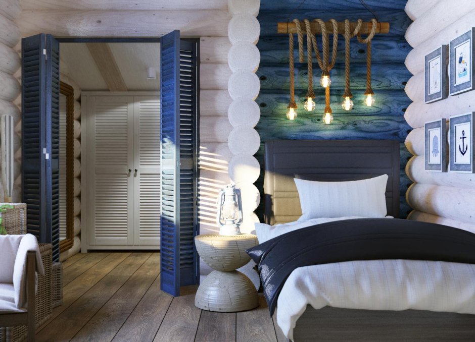 Синяя спальня в деревянном доме