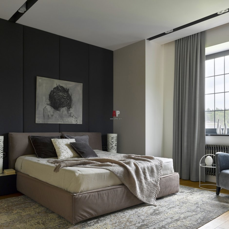 Спальня в современном стиле с серыми стенами