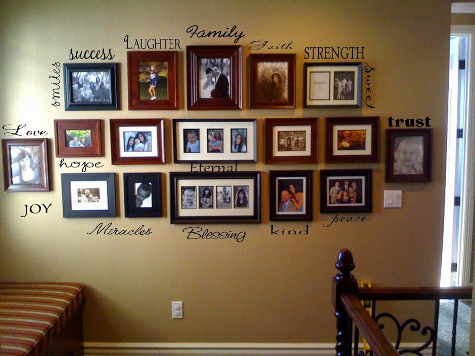 Расположение семейных фотографий на стене