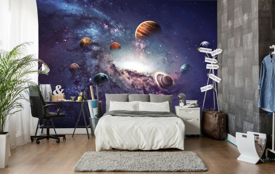 Фотообои космос над кроватью в спальне
