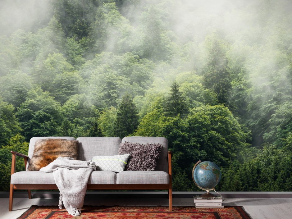 Фреска на стену лес в тумане (28 фото)