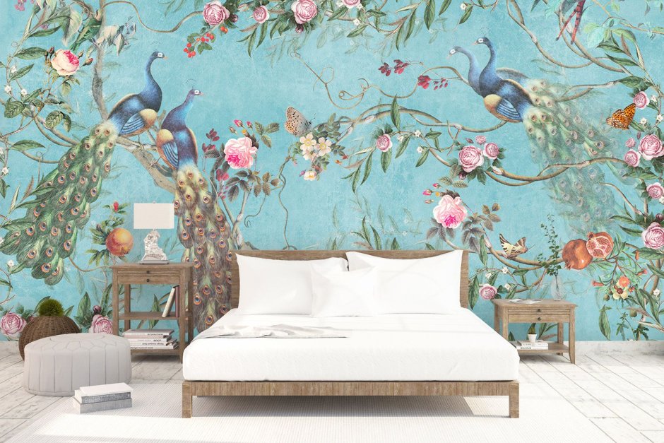Фреска в спальню птицы и цветы дизайн