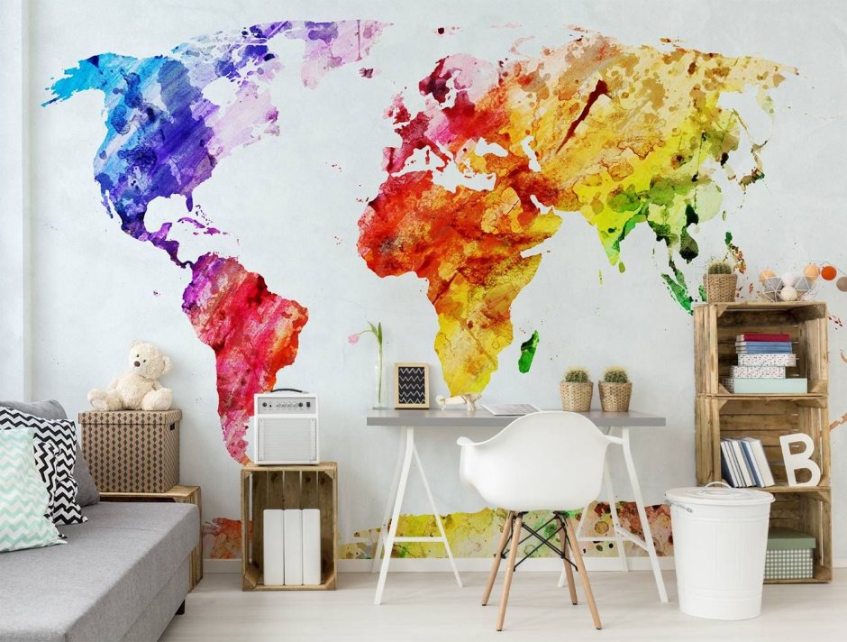 Фотообои карта мира акварель на кирпичной стене