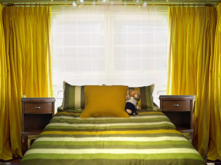 Желтые занавески в спальне