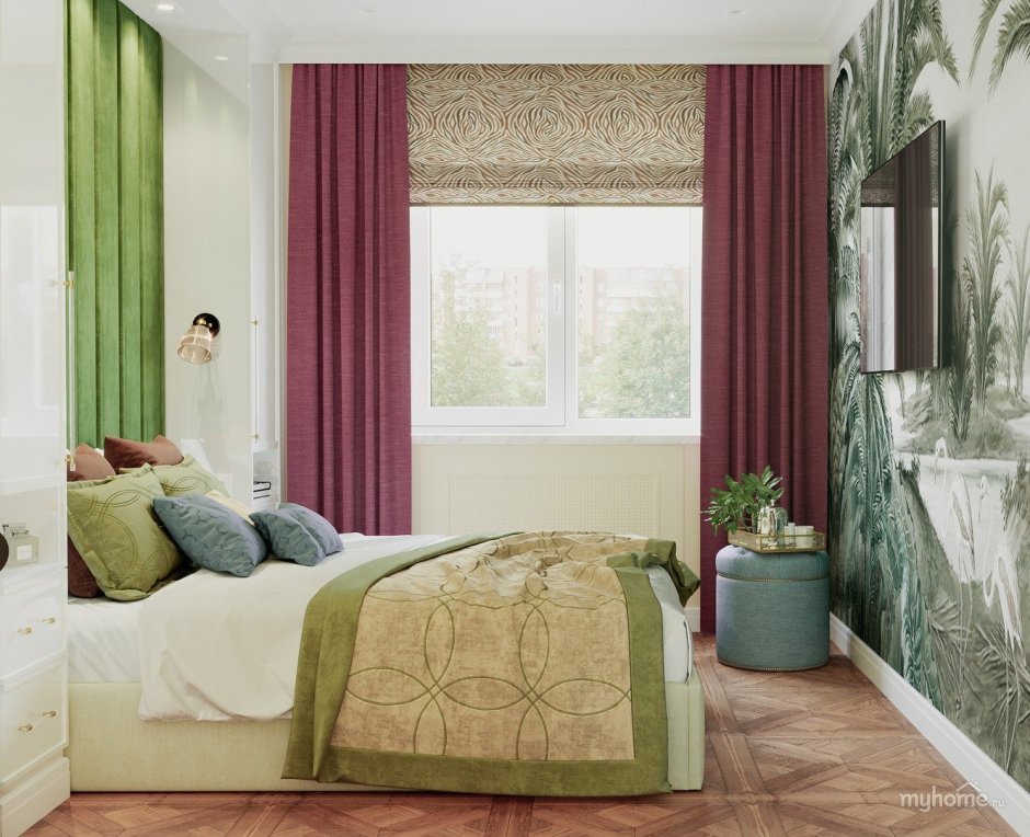 Интерьер спальни в бежево зеленых тонах