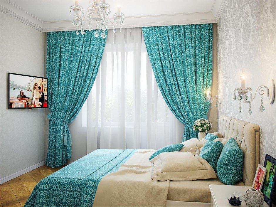 Бирюзовые шторы в спальне к серым обоям