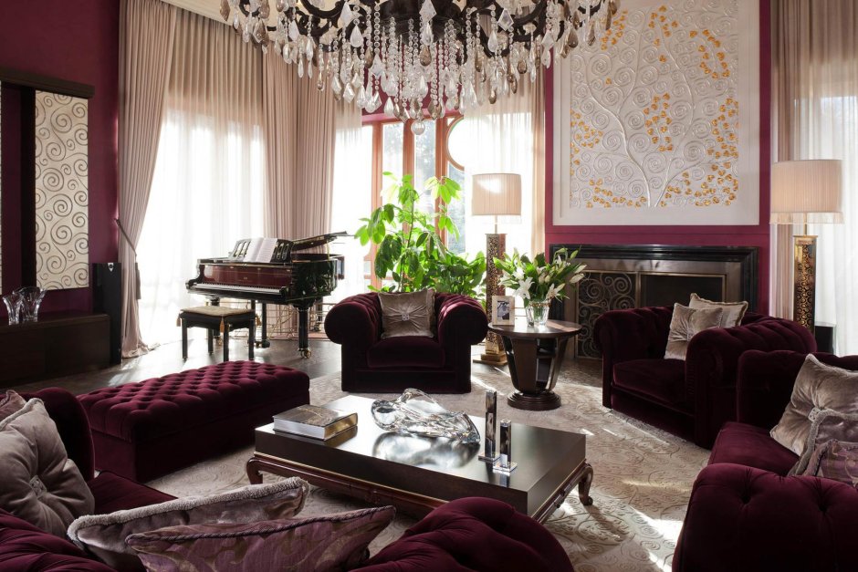 Бордовые шторы в интерьере гостиной в современном стиле