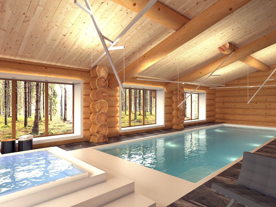Деревянная баня с бассейном
