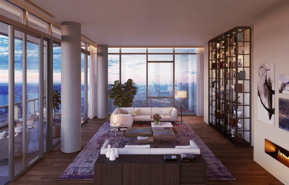 Гостиная с панорамными окнами в Нью Йорке пентхаус