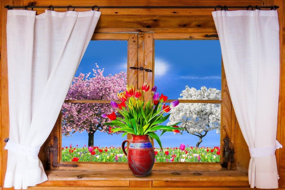 Окно с деревенским пейзажем