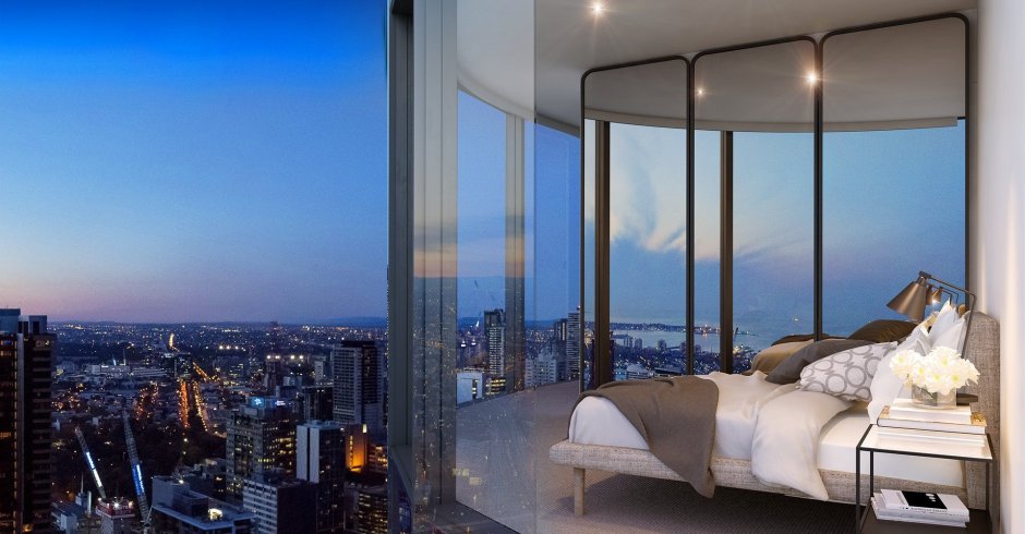 Спальня с панорамными окнами в небоскребе
