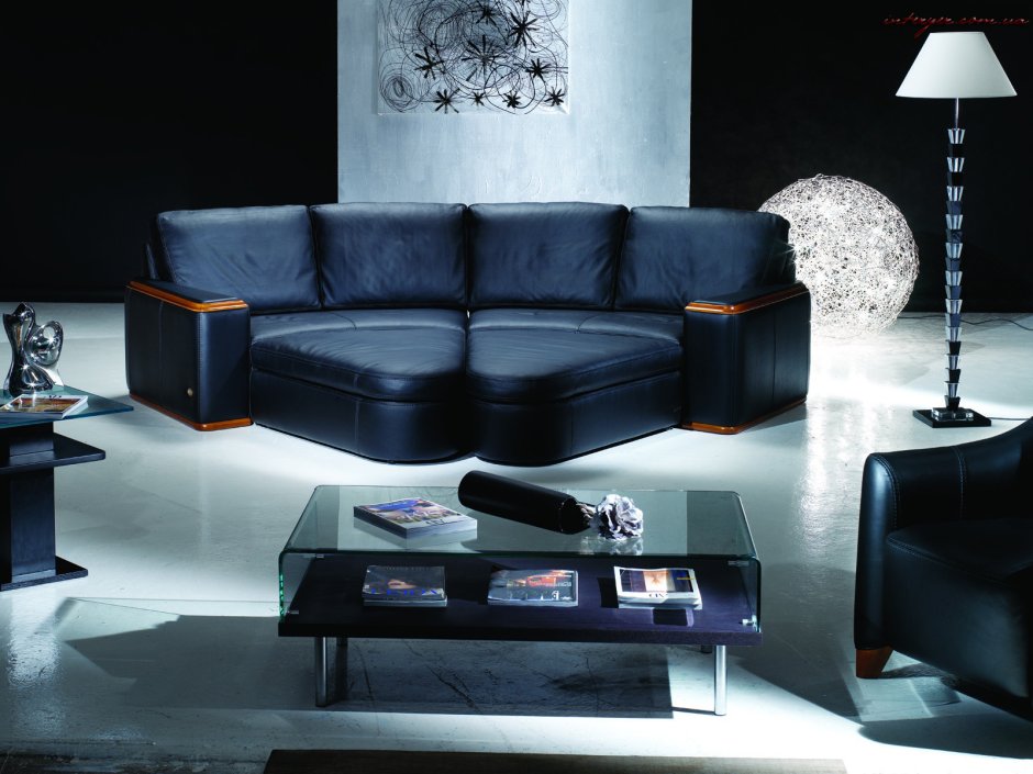 Черный кожаный диван в интерьере