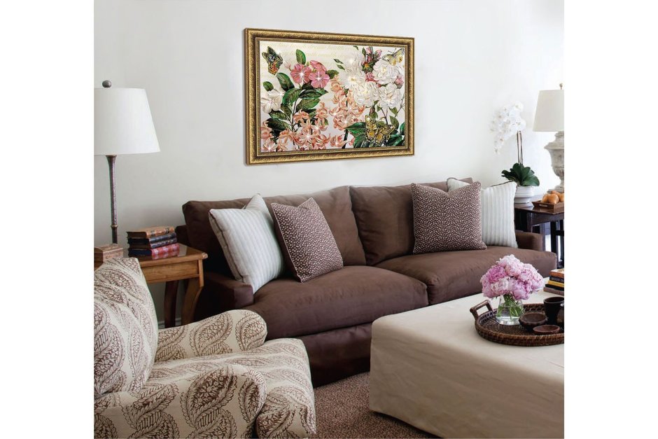 Картина шире дивана в интерьере