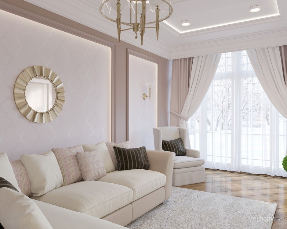Интерьер гостиной с угловым диваном в стиле Неоклассика