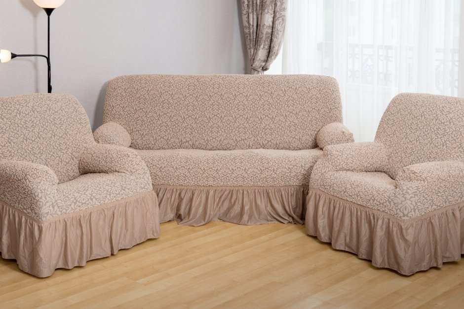 Чехлы на диван и 2 кресла "Престиж-цветы", цвет: капучино