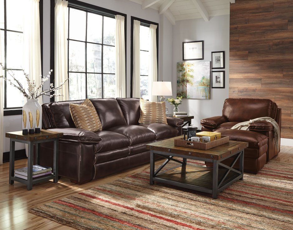 Коричневый кожаный диван ikea в интерьере гостиной