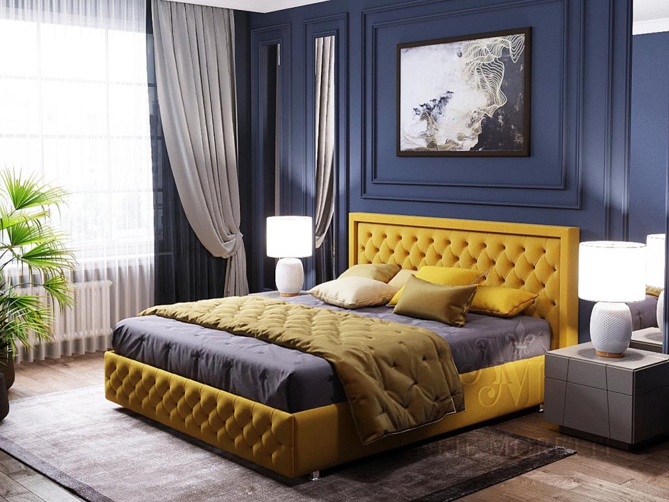 Кровать горчичного цвета в интерьере
