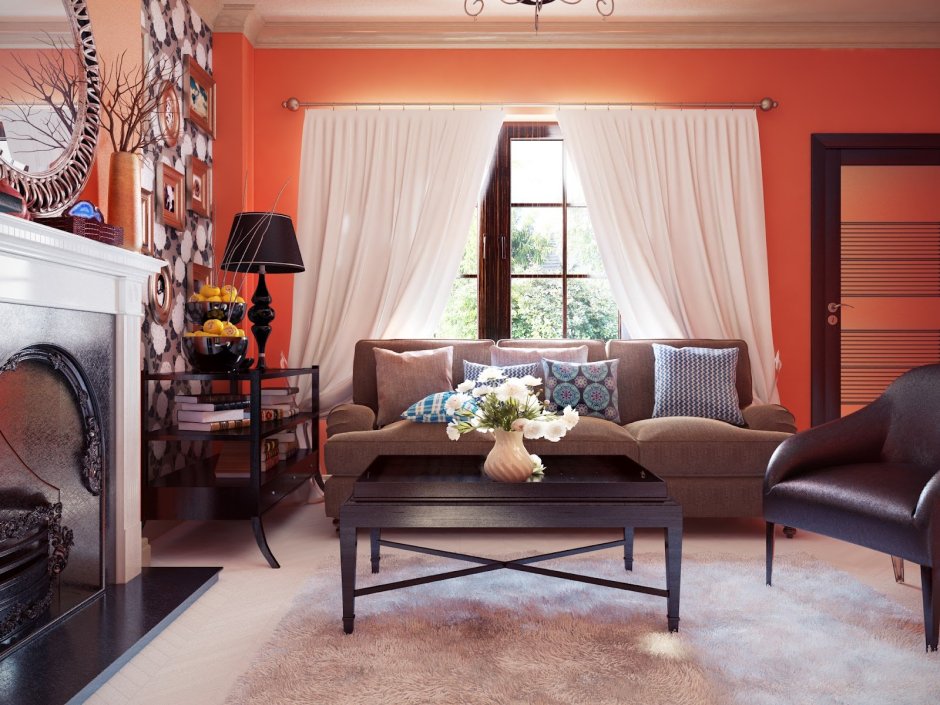 Оранжевая гостиная с камином