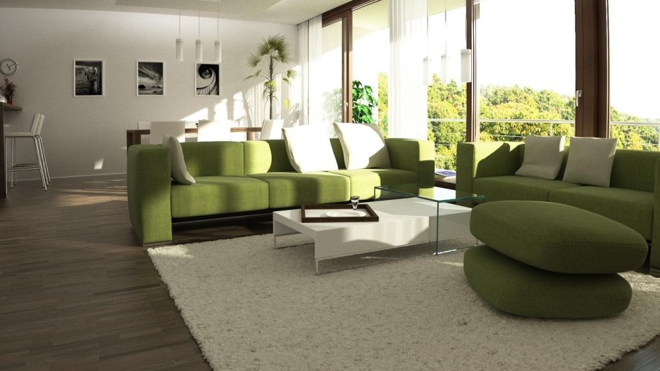 Зеленый диван в бежевом интерьере