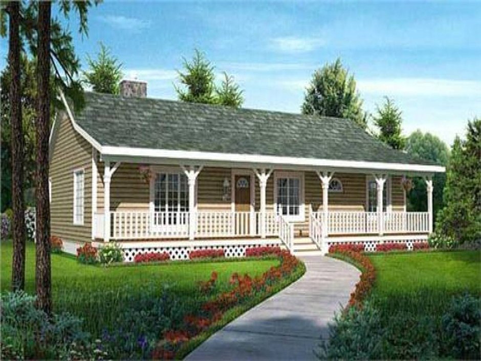 Одноэтажный дом с террасой в американском стиле