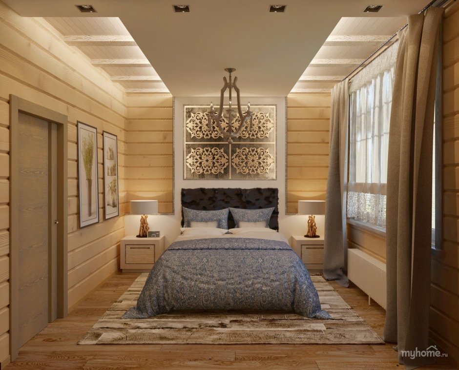 Спальня в светло-коричневых тонах в доме из бруса