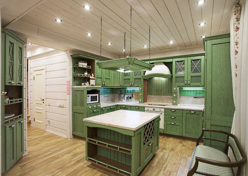 Зеленая кухня Кантри с островом