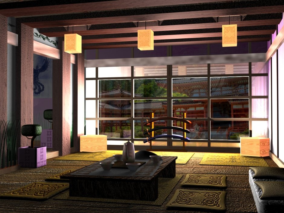 Рейки в интерьере гостиной в японском стиле