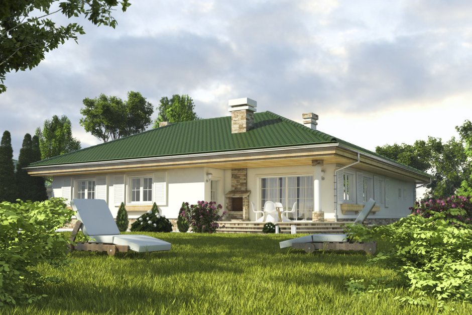 Одноэтажные дома с зеленой крышей