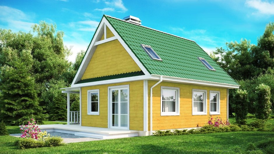 Светлый дом с зеленой крышей