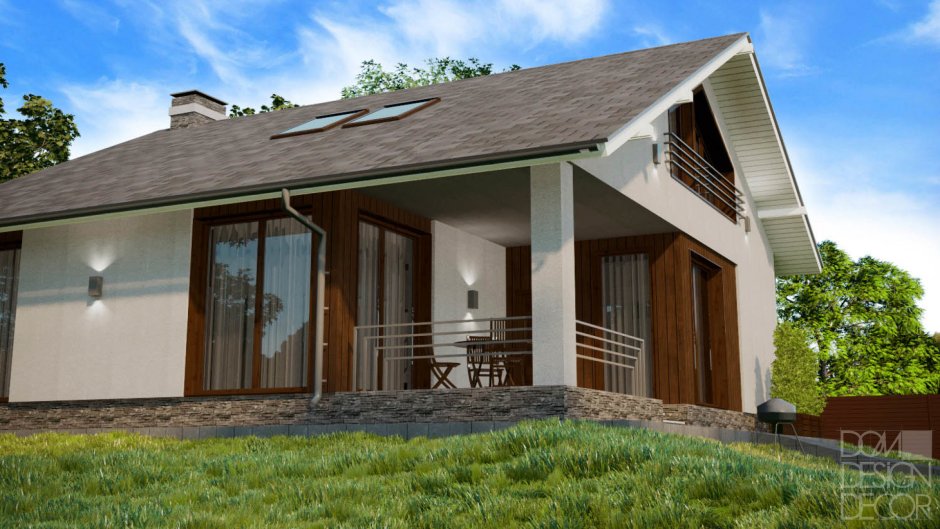 Дом с двускатной крышей и террасой